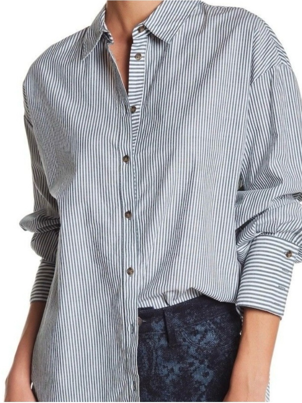 NWT Free People Lakehouse oversized button-up shirt in green and white stripes.